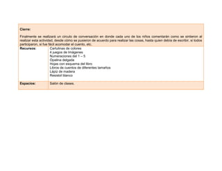 Cierre:
Finalmente se realizará un circulo de conversación en donde cada uno de los niños comentarán como se sintieron al
realizar esta actividad, desde cómo se pusieron de acuerdo para realizar las cosas, hasta quien debía de escribir, si todos
participaron, si fue fácil acomodar el cuento, etc.
Recursos: Cartulinas de colores
4 juegos de Imágenes
Numeraciones del 1 – 5
Opalina delgada
Hojas con esquema del libro
Libros de cuentos de diferentes tamaños
Lápiz de madera
Resistol blanco
Espacios: Salón de clases.
 