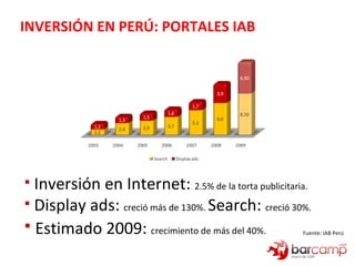INVERSIÓN EN PERÚ: PORTALES IAB Inversión en Internet:  2.5% de la torta publicitaria. Display ads:  creció más de 130%.  Search:  creció 30%. Estimado 2009:  crecimiento de más del 40%. Fuente: IAB Perú 