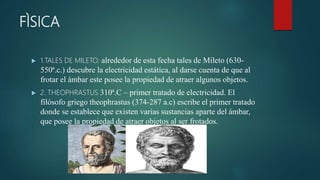 FÌSICA
 1.TALES DE MILETO: alrededor de esta fecha tales de Mileto (630-
550ª.c.) descubre la electricidad estática, al darse cuenta de que al
frotar el ámbar este posee la propiedad de atraer algunos objetos.
 2. THEOPHRASTUS 310ª.C – primer tratado de electricidad. El
filósofo griego theophrastus (374-287 a.c) escribe el primer tratado
donde se establece que existen varias sustancias aparte del ámbar,
que posee la propiedad de atraer objetos al ser frotados.
 