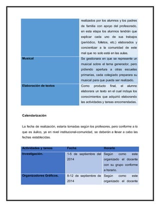 realizados por los alumnos y los padres
de familia con apoyo del profesorado,
en esta etapa los alumnos tendrán que
explicar cada uno de sus trabajos
(periódico, folletos, etc.) elaborados y
concientizar a la comunidad de este
mal que no solo está en las aulas.
Musical Se gestionara en que se represente un
musical sobre el tema generador, pero
pidiendo apertura a otras escuelas
primarias, cada colegiado preparara su
musical para que pueda ser realizado.
Elaboración de textos Como producto final, el alumno
elaborara un texto en el cual incluya los
conocimientos que adquirió elaborando
las actividades y tareas encomendadas.
Calendarización
La fecha de realización, estaría tomadas según los profesores, pero conforme a lo
que es áulico, ya en nivel institucional-comunidad, se deberán a llevar a cabo las
fechas establecidas.
Actividades y tareas Fecha Horario
Investigación. 1-5 de septiembre del
2014
Según como este
organizado el docente
con su grupo conforme
a horario.
Organizadores Gráficos. 8-12 de septiembre de
2014
Según como este
organizado el docente
 
