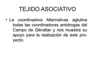 TEJIDO ASOCIATIVO
• La coordinadora Alternativas aglutina
    todas las coordinadoras antidrogas del
    Campo de Gibraltar y nos muestra su
    apoyo para la realización de este pro-
    yecto.
 