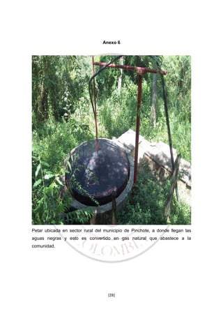 Anexo 6

Petar ubicada en sector rural del municipio de Pinchote, a donde llegan las
aguas negras y esto es convertido en gas natural que abastece a la
comunidad.

[28]

 