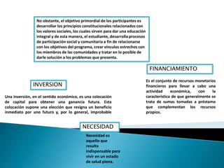 No obstante, el objetivo primordial de los participantes es
desarrollar los principios constitucionales relacionados con
los valores sociales, los cuales sirven para dar una educación
integral y de esta manera, el estudiante, desarrolla procesos
de participación social y comunitaria a fin de relacionarse
con los objetivos del programa, crear vínculos estrechos con
los miembros de las comunidades y tratar en lo posible de
darle solución a los problemas que presenta.
INVERSION
Una inversión, en el sentido económico, es una colocación
de capital para obtener una ganancia futura. Esta
colocación supone una elección que resigna un beneficio
inmediato por uno futuro y, por lo general, improbable
FINANCIAMIENTO
Es el conjunto de recursos monetarios
financieros para llevar a cabo una
actividad económica, con la
característica de que generalmente se
trata de sumas tomadas a préstamo
que complementan los recursos
propios.
NECESIDAD
Necesidad es
aquello que
resulta
indispensable para
vivir en un estado
de salud plena.
 