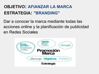 OBJETIVO: AFIANZAR LA MARCA
ESTRATEGIA: "BRANDING"
Dar a conocer la marca mediante todas las
acciones online y la planificación de publicidad
en Redes Sociales
 