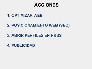 ACCIONES
1. OPTIMIZAR WEB
2. POSICIONAMIENTO WEB (SEO)
3. ABRIR PERFILES EN RRSS
4. PUBLICIDAD
 