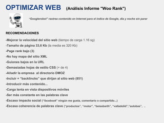OPTIMIZAR WEB (Análisis Informe "Woo Rank")
“Googlerobot” rastrea contenido en Internet para el índice de Google, día y noche sin parar
RECOMENDACIONES
-Mejorar la velocidad del sitio web (tiempo de carga 1.16 sg)
-Tamaño de página 33,6 Kb (la media es 320 Kb)
-Page rank bajo (3)
-No hay mapa del sitio XML
-Guiones bajos en la URL
-Demasiadas hojas de estilo CSS (+ de 4)
-Añadir la empresa al directorio DMOZ
-Incluir + “backlincks” que dirijan al sitio web (851)
-Introducir más contenido...
-Carga lenta en vista dispositivos móviles
-Ser más constante en las palabras clave
-Escaso impacto social (“facebook” ningún me gusta, comentario o compartido...)
-Escasa coherencia de palabras clave (“productos”, “motor”, “beissbarth”, “valladolid”,“autobas”, ..
 