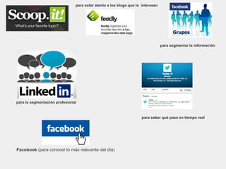 para estar atento a los blogs que te interesen
.
para segmentar la información
para la segmentación profesional
para saber qué pasa en tiempo real
Facebook (para conocer lo más relevante del día)
 