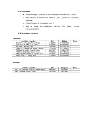 3.11 Bibliografía
• Guía práctica para el cálculo de instalaciones eléctricas Enríquez Harper.
• Manual técnico de instalaciones eléctricas (ABB - Aparatos de protección y
maniobra)
• Código Nacional de Electricidad tomo V
• Guía de diseño de instalaciones eléctricas 2010 Según normas
internacionales IEC
3.12 Firma de los ejecutores
Ejecutores:
Apellidos y nombres DNI Código Firma
BAUTISTA MALLQUI, Yúnior Ángel 43426408 2011120559G
HUILLCAS ALBINO, Juan Carlos 71695774 2011100069H
MAYHUA CAPCHA, Ciro 72007582 2011100579E
ORDAYA FERNANDEZ, Rubén Eduardo 72036155 2011120583J
POMALAYA AVILA, Hugo Christian 46271817 2010202078C
RAMOS HINOJOSA, Wilmar Pedro 72497158 2011100588J
SIMEON PUCUHUAYLA, Franklin Jesús 72146041 2011100593E
VILCA RENOJO, Jenrry José 71978608 2011100598H
Asesores:
Apellidos y nombres DNI Categoría Firma
ING. DE LA CRUZ MONTES, Efraín Mauro 20081866 Asociado
ING. HUARAC ROJAS, David 19852290 Asociado
 