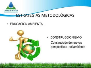 ESTRATEGIAS METODOLÓGICAS
• EDUCACIÓN AMBIENTAL


                        • CONSTRUCCIONISMO
                          Construcción de nuevas
                          perspectivas del ambiente
 