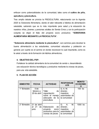 enfocan como potencialidades de la comunidad, tales como el cultivo de piña,
apicultura y piscicultura.
Tras amplio debate se priorizo la PISCICULTURA, relacionando con la Agenda
2025 la Soberanía Alimentaria, dando el valor relevante a hábitos de alimentación
saludable, sabiendo que es lo más importante para salud y la educación de
nuestros niños, jóvenes y personas adultas de Senda Cinco y con la participación
conjunta se eligió el título del proyecto socio productivo: “SOBERANIA
ALIMENTARIA MEDIANTE LA PISCICULTUTA”.
“Soberanía alimentaria mediante la piscicultura”, son caminos para devolver la
buena alimentación a los estudiantes, comunidad educativa y población en
general, por cuanto es el camino en donde reconocen lo cual importante, como es
la salud a través de la formación de hábitos alimenticios.
4. OBJETIVO DEL PSP:
Fortalecer la calidad alimentaria de la comunidad de senda v, desarrollando
una educación técnico tecnológica y productiva mediante la crianza de peces,
para una vida saludable.
5. PLAN DE ACCIÓN
BIMESTRE FECHA ACTIVIDAD
RESPONSAB
LES
MONTO
ECONÓMIC
O
1° Bimestre 5 de
febrero a
20 de abril
Taller de
capacitación
sobre el manejo
adecuado de la
piscicultura
G. A. M.
director,
maestros y
autoridades de
la comunidad
100 bs
2° Bimestre 21 de abril
al 21 de
junio
Elaboración de
proyecto socio
productivo para la
crianza de peces
G. A. M.
director,
maestros y
autoridades de
la comunidad
1000 bs
 
