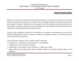 Proyecto Socioeducativo:
“RECICLANDO Y CLASIFICANDO TODOS VAMOS GANANDO”
1° y 2° Grado
Alumna: Hildeberta Osorio Romero
Maestro: José Manuel Martínez León Página 4
PARTICIPACIÓN
Dado que es un problema de índole social y cultural se busca la participación de cada uno de los miembros de la comunidad
educativa. Teniendo en cuenta lo anterior se considera como una estrategia de solución la conformación y creación del
grupo ecológico "reciclando y clasificando todos vamos ganado" con el ánimo de generar procesos que contribuyan a la
concientización, dinamización y ejecución del proyecto constituyéndose en ente multiplicador haciendo participe a todos los
miembros de la comunidad educativa dentro y fuera de la misma.
Una vez se haya sensibilizado a cada uno de los individuos de la comunidad se harán participes en cada una de las
actividades programadas para generar un cambio de conducta a nivel institucional: alumnos, y a nivel de la comunidad:
padres y demás miembros de la misma.
Entre los elementos importantes a tener en cuenta en nuestro proyecto están:
 El mejoramiento y mantenimiento de las Instituciones y sus alrededores.
 Embellecimiento interno y externo de la institución.
 Sensibilización de la comunidad sobre la preservación y cuidado de su entorno.
 Realizar talleres para los padres sobre "Manejo de Residuos Sólidos" como refuerzo al trabajo realizado con los
estudiantes.
 