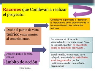 Razones que Conllevan a realizar
el proyecto:
Contribuye el proyecto a destacar
la importancia de la promoción de la
lectura utilizando los referentes
teóricos.
Desde el punto de vista
teórico y sus aportes
al conocimiento .
Desde el punto de vista
técnico
- ámbito de acción
Las razones técnicas están
vinculadas directamente con el “hacer
de los participantes” en el contexto
donde se desarrolló el proyecto .
En tal sentido, este aspecto se ve
reflejado a través de las actividades,
servicios generados por los
participantes en la comunidad u
organización .
Continua…
1
2
 