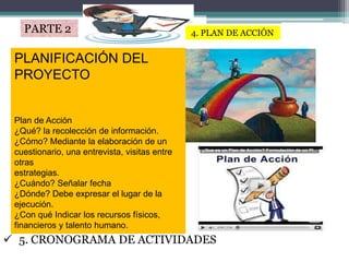 PLANIFICACIÓN DEL
PROYECTO
Plan de Acción
¿Qué? la recolección de información.
¿Cómo? Mediante la elaboración de un
cuestionario, una entrevista, visitas entre
otras
estrategias.
¿Cuándo? Señalar fecha
¿Dónde? Debe expresar el lugar de la
ejecución.
¿Con qué Indicar los recursos físicos,
financieros y talento humano.
PARTE 2
 5. CRONOGRAMA DE ACTIVIDADES
4. PLAN DE ACCIÓN
 