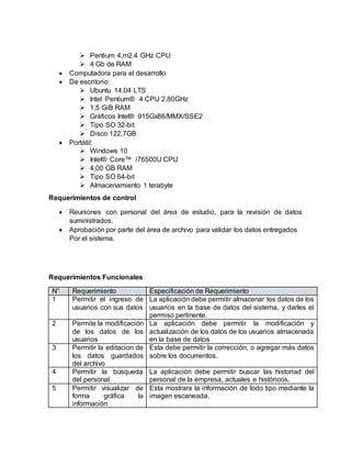  Pentium 4,m2.4 GHz CPU
 4 Gb de RAM
 Computadora para el desarrollo
 De escritorio:
 Ubuntu 14.04 LTS
 Intel Pentium® 4 CPU 2.80GHz
 1,5 GiB RAM
 Gráficos Intel® 915Gx86/MMX/SSE2
 Tipo SO 32-bit
 Disco 122,7GB
 Portátil:
 Windows 10
 Intel® Core™ i76500U CPU
 4,00 GB RAM
 Tipo SO 64-bit
 Almacenamiento 1 terabyte
Requerimientos de control
 Reuniones con personal del área de estudio, para la revisión de datos
suministrados.
 Aprobación por parte del área de archivo para validar los datos entregados
Por el sistema.
Requerimientos Funcionales
N° Requerimiento Especificación de Requerimiento
1 Permitir el ingreso de
usuarios con sus datos
La aplicación debe permitir almacenar los datos de los
usuarios en la base de datos del sistema, y darles el
permiso pertinente.
2 Permite la modificación
de los datos de los
usuarios
La aplicación debe permitir la modificación y
actualización de los datos de los usuarios almacenada
en la base de datos
3 Permitir la editacion de
los datos guardados
del archivo
Esta debe permitir la corrección, o agregar más datos
sobre los documentos.
4 Permitir la búsqueda
del personal
La aplicación debe permitir buscar las historiad del
personal de la empresa, actuales e históricos.
5 Permitir visualizar de
forma gráfica la
información
Esta mostrara la información de todo tipo mediante la
imagen escaneada.
 
