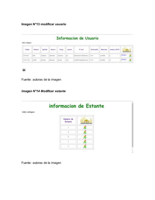 Imagen N°13 modificar usuario
Fuente: autoras de la imagen
Imagen N°14 Modificar estante
Fuente: autoras de la imagen
 