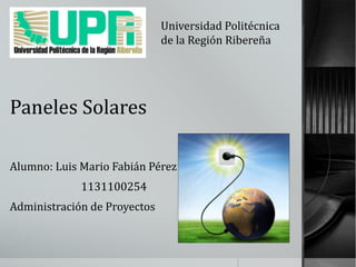 Paneles Solares
Alumno: Luis Mario Fabián Pérez
1131100254
Administración de Proyectos
Universidad Politécnica
de la Región Ribereña
 