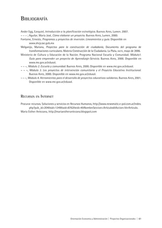 Bibliografía

Ander Egg, Ezequiel, Introducción a la planificación estratégica. Buenos Aires, Lumen. 2007.
– – – ; Aguilar, María José, Cómo elaborar un proyecto. Buenos Aires, Lumen, 2000.
Fontaine, Ernesto, Programas y proyectos de inversión. Lineamientos y guía. Disponible en
        www.shcp.sse.gob.mx
Melgarejo, Mariana, Proyectos para la construcción de ciudadanía, Documento del programa de
        transformaciones curriculares. Materia Construcción de la Ciudadanía. La Plata, dgcye, mayo de 2006.
Ministerio de Cultura y Educación de la Nación. Programa Nacional Escuela y Comunidad. Módulo1.
        Guía para emprender un proyecto de Aprendizaje-Servicio. Buenos Aires, 2000. Disponible en
        www.me.gov.ar/edusol.
– – –, Módulo 2. Escuela y comunidad. Buenos Aires, 2000. Disponible en www.me.gov.ar/edusol.
– – –, Módulo 3. Los proyectos de intervención comunitaria y el Proyecto Educativo Institucional.
        Buenos Aires, 2000. Disponible en www.me.gov.ar/edusol.
– – –, Módulo 4. Herramientas para el desarrollo de proyectos educativos solidarios. Buenos Aires, 2001.
        Disponible en www.me.gov.ar/edusol.




Recursos     en Internet

Procurar recursos. Soluciones y servicios en Recursos Humanos, http://www.newsmatic.e-pol.com.ar/index.
       php?pub_id=204&sid=1249&aid=8762&eid=4&NombreSeccion=Articulos&Accion=VerArticulo.
María Esther Antezana, http://mariaestherantezana.blogspot.com




                                            Orientación Economía y Administración | Proyectos Organizacionales | 61
 
