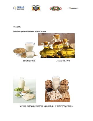ANEXOS.
Productos que se elaboran a base de la soya.

LECHE DE SOYA

ACEITE DE SOYA

QUESO, CARNE, BOCADITOS, MERMELADA Y ROMPOPE DE SOYA.

 