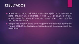 RESULTADOS
 Al evaluar cuál era el método anticonceptivo más adecuado
para prevenir un embarazo y una ETS, el 88.3% contesto
acertadamente sobre el uso del preservativo para este fin
(48.04% M y 40.22% H).
 Riesgos del aborto, en la que se generó un resultado favorable
ya que el 92.2% de los jóvenes respondió que sí era una causa de
mortalidad.
 
