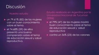 Discusión
Nuestro estudio
 un 79.61% (82) de las mujeres
con un buen conocimiento
sobre el tema.
 el 74.68% (59) de ellos
presentó una buena
comprensión sobre el tema
de educación sexual y salud
reproductiva.
Estudio realizado en Argentina por la
Universidad Nacional de Tucuman
(2006)
 el 79% (47) de las mujeres mostró
buen conocimiento sobre el tema
de educación sexual y salud
reproductiva
 contra un 56% (23) de los varones
 