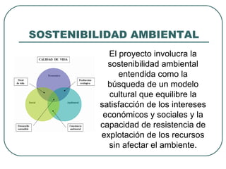 SOSTENIBILIDAD AMBIENTAL
El proyecto involucra la
sostenibilidad ambiental
entendida como la
búsqueda de un modelo
cultural que equilibre la
satisfacción de los intereses
económicos y sociales y la
capacidad de resistencia de
explotación de los recursos
sin afectar el ambiente.
 