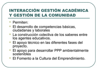INTERACCIÓN GESTIÓN ACADÉMICA
Y GESTIÓN DE LA COMUNIDAD
 Permiten:
 El desarrollo de competencias básicas,
ciudadanas y laborales
 La construcción colectiva de los saberes entre
los agentes educativos.
 El apoyo técnico en las diferentes fases del
proyecto.
 El apoyo para desarrollar PPP ambientalmente
sostenibles
 El Fomento a la Cultura del Emprendimiento.
 