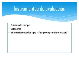 Instrumentos de evaluación

Diarios de campo
Bitácoras
Evaluación escrita-tipo icfes- (comprensión lectora)
 