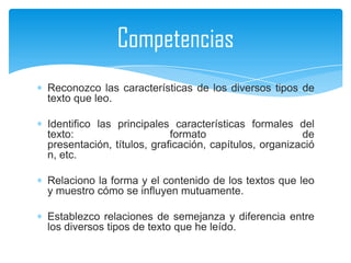 Competencias
Reconozco las características de los diversos tipos de
texto que leo.

Identifico las principales características formales del
texto:                     formato                     de
presentación, títulos, graficación, capítulos, organizació
n, etc.

Relaciono la forma y el contenido de los textos que leo
y muestro cómo se influyen mutuamente.

Establezco relaciones de semejanza y diferencia entre
los diversos tipos de texto que he leído.
 