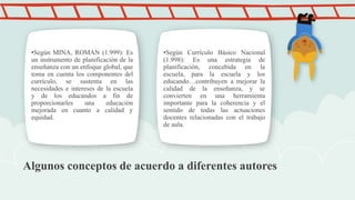 •Según MINA, ROMAN (1.999): Es
un instrumento de planificación de la
enseñanza con un enfoque global, que
toma en cuenta los componentes del
currículo, se sustenta en las
necesidades e intereses de la escuela
y de los educandos a fin de
proporcionarles una educación
mejorada en cuanto a calidad y
equidad.
•Según Currículo Básico Nacional
(1.998): Es una estrategia de
planificación, concebida en la
escuela, para la escuela y los
educando…contribuyen a mejorar la
calidad de la enseñanza, y se
convierten en una herramienta
importante para la coherencia y el
sentido de todas las actuaciones
docentes relacionadas con el trabajo
de aula.
Algunos conceptos de acuerdo a diferentes autores
 