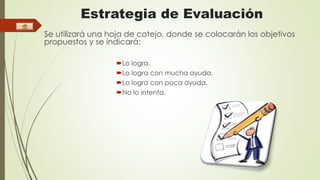 Estrategia de Evaluación 
Se utilizará una hoja de cotejo, donde se colocarán los objetivos 
propuestos y se indicará: 
Lo logra. 
Lo logra con mucha ayuda. 
Lo logra con poca ayuda. 
No lo intenta. 
 