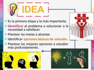 Es la primera etapa y la más importante.
Identificar el problema a solucionar o la
necesidad a satisfacer.
Plantear las metas a alcanzar.
Identificar opciones básicas de solución.
Plantear las mejores opciones a estudiar
más profundamente.
 