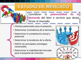 23
Considerar la potencialidad de la
demanda del bien o servicio que desea
lanzar al mercado.
Clientes potenciales para el proyecto.
Determinar la tendencia de la demanda.
Determinar la competencia actual y
potencial.
Determinar la tendencia de la oferta.
Definir las principales estrategias
comerciales.
Determinar la viabilidad del mercado
para el proyecto de inversión.
ESTUDIO DE MERCADO
 