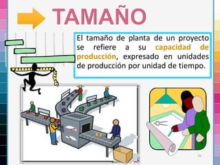 26
El tamaño de planta de un proyecto
se refiere a su capacidad de
producción, expresado en unidades
de producción por unidad de tiempo.
 