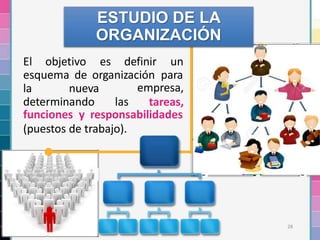 28
El objetivo es definir un
esquema de organización para
la nueva
determinando las
empresa,
tareas,
funciones y responsabilidades
(puestos de trabajo).
ESTUDIO DE LA
ORGANIZACIÓN
 