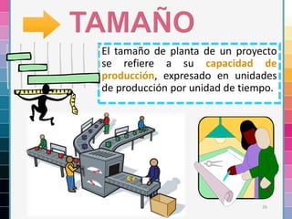 26
El tamaño de planta de un proyecto
se refiere a su capacidad de
producción, expresado en unidades
de producción por unidad de tiempo.
 