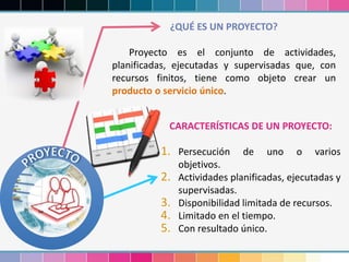 ¿QUÉ ES UN PROYECTO?
Proyecto es el conjunto de actividades,
planificadas, ejecutadas y supervisadas que, con
recursos finitos, tiene como objeto crear un
producto o servicio único.
CARACTERÍSTICAS DE UN PROYECTO:
1. Persecución de uno o varios
objetivos.
2. Actividades planificadas, ejecutadas y
supervisadas.
3. Disponibilidad limitada de recursos.
4. Limitado en el tiempo.
5. Con resultado único.
 