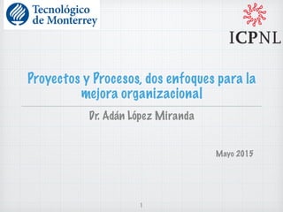 Proyectos y Procesos, dos enfoques para la
mejora organizacional
Dr. Adán López Miranda
1
Mayo 2015
 