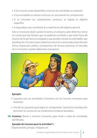 • Si los insumos están disponibles, entonces las actividades se realizarán
• Si las actividades se realizan entonces, se concretarán los componentes
• Si se concretan los componentes, entonces, se logrará el objetivo
específico
• A largo plazo, esto contribuirá al cumplimiento del objetivo general
Este es el proceso ideal cuando iniciamos un proyecto, pero debemos tomar
en cuenta que hay factores que no podemos controlar y que están fuera del
alcance de las personas encargadas y que pueden retrasar las actividades que
planificamos. Por este motivo, debemos tomar en cuenta todos estos factores
(clima, disposición política, compromisos de terceras personas, el mercado,
etc.) e incluirlos cuando elaboramos el proyecto.
Ejemplo:
• Supuesto para las actividades: Contamos con los insumos necesarios para
realizarlos.
• Uno de los supuestos para lograr el  componente1 (aumentar la producción
de leche): Se cuenta con las condiciones climáticas favorables.
10. Insumos: Bienes y servicios necesarios para llevar a cabo las actividades
planificadas.
Ejemplo de insumos para la actividad 1:
Desparasitantes, jeringas, nariguera, etc.

GUÍA PARA LA ELABORACIÓN DE PROYECTOS PRODUCTIVOS Y SOCIALES
 
