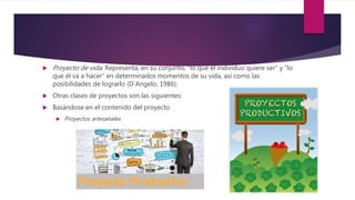  Proyecto de vida: Representa, en su conjunto, “lo que el individuo quiere ser” y “lo
que él va a hacer” en determinados momentos de su vida, así como las
posibilidades de lograrlo (D´Angelo, 1986).
 Otras clases de proyectos son las siguientes:
 Basándose en el contenido del proyecto
 Proyectos artesanales
 