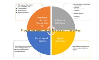 • http://wwwjuntadeandalucia 
.es/averroes/sanwalabonso 
•@fgpaez 
• http://proyectoconstruyendo 
historias.blogspost.com.es 
• # construyendohistorias 
•@gregoriotoribio 
• http://sites:google.com/site/callej 
eros/literarios/ 
• # callejarios 
• @ lourdesdomenech 
• @ toisolano 
• Callejeros cientificos 
• # calletificos 
• @juanfraste 
• Http://proyectopoesiaer 
estu.wordpress.com. 
• # poesiaerestu 
• @ silviagongo 
• @ pephernández 
Poemario 
colectivo 
"Poesia eres 
tu" 
Callejeros 
Literarios 
Miguel 
Hernández 
Construyendo 
Historias 

