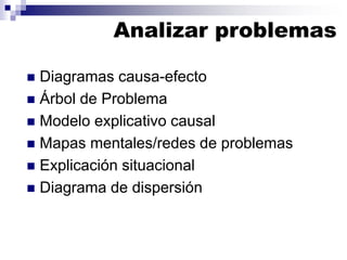 Analizar problemas
◼ Diagramas causa-efecto
◼ Árbol de Problema
◼ Modelo explicativo causal
◼ Mapas mentales/redes de problemas
◼ Explicación situacional
◼ Diagrama de dispersión
 
