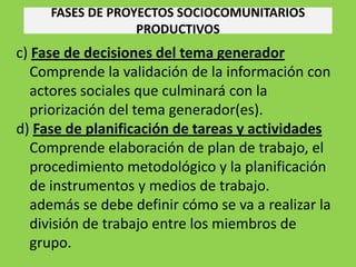 FASES DE PROYECTOS SOCIOCOMUNITARIOS
                  PRODUCTIVOS
c) Fase de decisiones del tema generador
   Comprende la validación de la información con
   actores sociales que culminará con la
   priorización del tema generador(es).
d) Fase de planificación de tareas y actividades
   Comprende elaboración de plan de trabajo, el
   procedimiento metodológico y la planificación
   de instrumentos y medios de trabajo.
   además se debe definir cómo se va a realizar la
   división de trabajo entre los miembros de
   grupo.
 