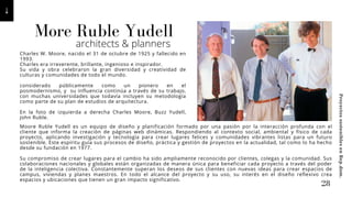 More Ruble Yudell
architects & planners
Moore Ruble Yudell es un equipo de diseño y planificación formado por una pasión por la interacción profunda con el
cliente que informa la creación de páginas web dinámicas. Respondiendo al contexto social, ambiental y físico de cada
proyecto, aplicando investigación y tecnología para crear lugares felices y comunidades vibrantes listas para un futuro
sostenible. Este espíritu guía sus procesos de diseño, práctica y gestión de proyectos en la actualidad, tal como lo ha hecho
desde su fundación en 1977.
Su compromiso de crear lugares para el cambio ha sido ampliamente reconocido por clientes, colegas y la comunidad. Sus
colaboraciones nacionales y globales están organizadas de manera única para beneficiar cada proyecto a través del poder
de la inteligencia colectiva. Constantemente superan los deseos de sus clientes con nuevas ideas para crear espacios de
campus, viviendas y planes maestros. En todo el alcance del proyecto y su uso, su interés en el diseño reflexivo crea
espacios y ubicaciones que tienen un gran impacto significativo.
Charles W. Moore, nacido el 31 de octubre de 1925 y fallecido en
1993.
Charles era irreverente, brillante, ingenioso e inspirador.
Su vida y obra celebraron la gran diversidad y creatividad de
culturas y comunidades de todo el mundo.
considerado públicamente como un pionero en el
posmodernismo, y su influencia continúa a través de su trabajo,
con muchas universidades que todavía incluyen su metodología
como parte de su plan de estudios de arquitectura. ⠀
En la foto de izquierda a derecha Charles Moore, Buzz Yudell,
John Ruble.
28
Proyectos
sostenibles
en
Rep.dom.
 