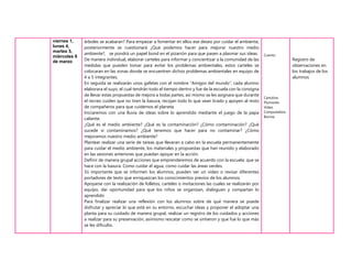 viernes 1,
lunes 4,
martes 5,
miércoles 6
de marzo
árboles se acabaran? Para empezar a fomentar en ellos ese deseo por cuidar el ambiente,
posteriormente se cuestionará ¿Qué podemos hacer para mejorar nuestro medio
ambiente?, se pondrá un papel bond en el pizarrón para que pasen a plasmar sus ideas.
De manera individual, elaborar carteles para informar y concientizar a la comunidad de las
medidas que pueden tomar para evitar los problemas ambientales, estos carteles se
colocaran en las zonas donde se encuentren dichos problemas ambientales en equipo de
4 a 5 integrantes.
En seguida se realizarán unos gafetes con el nombre “Amigos del mundo”, cada alumno
elaborara el suyo, el cual tendrán todo el tiempo dentro y fue de la escuela con la consigna
de llevar estas propuestas de mejora a todas partes, así mismo se les asignara que durante
el recreo cuiden que no tiren la basura, recojan todo lo que vean tirado y apoyen al resto
de compañeros para que cuidemos el planeta.
Iniciaremos con una lluvia de ideas sobre lo aprendido mediante el juego de la papa
caliente.
¿Qué es el medio ambiente? ¿Qué es la contaminación? ¿Cómo contaminación? ¿Qué
sucede si contaminamos? ¿Qué tenemos que hacer para no contaminar? ¿Cómo
mejoramos nuestro medio ambiente?
Plantear realizar una serie de tareas que llevaran a cabo en la escuela permanentemente
para cuidar el medio ambiente, los materiales y propuestas que han reunido y elaborado
en las sesiones anteriores que puedan apoyar en la acción.
Definir de manera grupal acciones que emprenderemos de acuerdo con la escuela: que se
hace con la basura. Como cuidar el agua, como cuidar las áreas verdes.
Es importante que se informen los alumnos, pueden ver un video o revisar diferentes
portadores de texto que enriquezcan los conocimientos previos de los alumnos.
Apoyarse con la realización de folletos, carteles o invitaciones las cuales se realizarán por
equipo, dar oportunidad para que los niños se organizan, dialoguen y compartan lo
aprendido
Para finalizar realizar una reflexión con los alumnos sobre de qué manera se puede
disfrutar y apreciar lo que está en su entorno, escuchar ideas y proponer el adoptar una
planta para su cuidado de manera grupal, realizar un registro de los cuidados y acciones
a realizar para su preservación, asimismo rescatar como se sintieron y que fue lo que más
se les dificulto.
Cuento
Cartulina
Plumones
Video
Computadora
Bocina
Registro de
observaciones en
los trabajos de los
alumnos
 