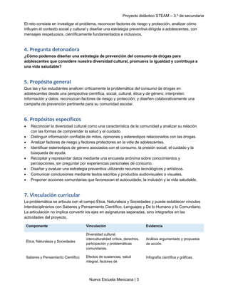 Proyecto didáctico STEAM – 3.º de secundaria
Nueva Escuela Mexicana | 3
El reto consiste en investigar el problema, reconocer factores de riesgo y protección, analizar cómo
influyen el contexto social y cultural y diseñar una estrategia preventiva dirigida a adolescentes, con
mensajes respetuosos, científicamente fundamentados e inclusivos.
4. Pregunta detonadora
¿Cómo podemos diseñar una estrategia de prevención del consumo de drogas para
adolescentes que considere nuestra diversidad cultural, promueva la igualdad y contribuya a
una vida saludable?
5. Propósito general
Que las y los estudiantes analicen críticamente la problemática del consumo de drogas en
adolescentes desde una perspectiva científica, social, cultural, ética y de género; interpreten
información y datos; reconozcan factores de riesgo y protección; y diseñen colaborativamente una
campaña de prevención pertinente para su comunidad escolar.
6. Propósitos específicos
• Reconocer la diversidad cultural como una característica de la comunidad y analizar su relación
con las formas de comprender la salud y el cuidado.
• Distinguir información confiable de mitos, opiniones y estereotipos relacionados con las drogas.
• Analizar factores de riesgo y factores protectores en la vida de adolescentes.
• Identificar estereotipos de género asociados con el consumo, la presión social, el cuidado y la
búsqueda de ayuda.
• Recopilar y representar datos mediante una encuesta anónima sobre conocimientos y
percepciones, sin preguntar por experiencias personales de consumo.
• Diseñar y evaluar una estrategia preventiva utilizando recursos tecnológicos y artísticos.
• Comunicar conclusiones mediante textos escritos y productos audiovisuales o visuales.
• Proponer acciones comunitarias que favorezcan el autocuidado, la inclusión y la vida saludable.
7. Vinculación curricular
La problemática se articula con el campo Ética, Naturaleza y Sociedades y puede establecer vínculos
interdisciplinarios con Saberes y Pensamiento Científico, Lenguajes y De lo Humano y lo Comunitario.
La articulación no implica convertir los ejes en asignaturas separadas, sino integrarlos en las
actividades del proyecto.
Componente Vinculación Evidencia
Ética, Naturaleza y Sociedades
Diversidad cultural,
interculturalidad crítica, derechos,
participación y problemáticas
comunitarias.
Análisis argumentado y propuesta
de acción.
Saberes y Pensamiento Científico Efectos de sustancias, salud
integral, factores de
Infografía científica y gráficas.
 