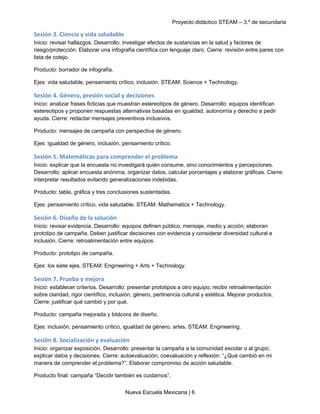 Proyecto didáctico STEAM – 3.º de secundaria
Nueva Escuela Mexicana | 6
Sesión 3. Ciencia y vida saludable
Inicio: revisar hallazgos. Desarrollo: investigar efectos de sustancias en la salud y factores de
riesgo/protección. Elaborar una infografía científica con lenguaje claro. Cierre: revisión entre pares con
lista de cotejo.
Producto: borrador de infografía.
Ejes: vida saludable, pensamiento crítico, inclusión. STEAM: Science + Technology.
Sesión 4. Género, presión social y decisiones
Inicio: analizar frases ficticias que muestran estereotipos de género. Desarrollo: equipos identifican
estereotipos y proponen respuestas alternativas basadas en igualdad, autonomía y derecho a pedir
ayuda. Cierre: redactar mensajes preventivos inclusivos.
Producto: mensajes de campaña con perspectiva de género.
Ejes: igualdad de género, inclusión, pensamiento crítico.
Sesión 5. Matemáticas para comprender el problema
Inicio: explicar que la encuesta no investigará quién consume, sino conocimientos y percepciones.
Desarrollo: aplicar encuesta anónima, organizar datos, calcular porcentajes y elaborar gráficas. Cierre:
interpretar resultados evitando generalizaciones indebidas.
Producto: tabla, gráfica y tres conclusiones sustentadas.
Ejes: pensamiento crítico, vida saludable. STEAM: Mathematics + Technology.
Sesión 6. Diseño de la solución
Inicio: revisar evidencia. Desarrollo: equipos definen público, mensaje, medio y acción; elaboran
prototipo de campaña. Deben justificar decisiones con evidencia y considerar diversidad cultural e
inclusión. Cierre: retroalimentación entre equipos.
Producto: prototipo de campaña.
Ejes: los siete ejes. STEAM: Engineering + Arts + Technology.
Sesión 7. Prueba y mejora
Inicio: establecer criterios. Desarrollo: presentar prototipos a otro equipo; recibir retroalimentación
sobre claridad, rigor científico, inclusión, género, pertinencia cultural y estética. Mejorar productos.
Cierre: justificar qué cambió y por qué.
Producto: campaña mejorada y bitácora de diseño.
Ejes: inclusión, pensamiento crítico, igualdad de género, artes. STEAM: Engineering.
Sesión 8. Socialización y evaluación
Inicio: organizar exposición. Desarrollo: presentar la campaña a la comunidad escolar o al grupo;
explicar datos y decisiones. Cierre: autoevaluación, coevaluación y reflexión: “¿Qué cambió en mi
manera de comprender el problema?”. Elaborar compromiso de acción saludable.
Producto final: campaña “Decidir también es cuidarnos”.
 
