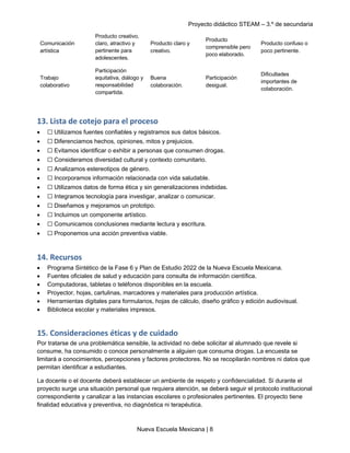 Proyecto didáctico STEAM – 3.º de secundaria
Nueva Escuela Mexicana | 8
Comunicación
artística
Producto creativo,
claro, atractivo y
pertinente para
adolescentes.
Producto claro y
creativo.
Producto
comprensible pero
poco elaborado.
Producto confuso o
poco pertinente.
Trabajo
colaborativo
Participación
equitativa, diálogo y
responsabilidad
compartida.
Buena
colaboración.
Participación
desigual.
Dificultades
importantes de
colaboración.
13. Lista de cotejo para el proceso
• ☐ Utilizamos fuentes confiables y registramos sus datos básicos.
• ☐ Diferenciamos hechos, opiniones, mitos y prejuicios.
• ☐ Evitamos identificar o exhibir a personas que consumen drogas.
• ☐ Consideramos diversidad cultural y contexto comunitario.
• ☐ Analizamos estereotipos de género.
• ☐ Incorporamos información relacionada con vida saludable.
• ☐ Utilizamos datos de forma ética y sin generalizaciones indebidas.
• ☐ Integramos tecnología para investigar, analizar o comunicar.
• ☐ Diseñamos y mejoramos un prototipo.
• ☐ Incluimos un componente artístico.
• ☐ Comunicamos conclusiones mediante lectura y escritura.
• ☐ Proponemos una acción preventiva viable.
14. Recursos
• Programa Sintético de la Fase 6 y Plan de Estudio 2022 de la Nueva Escuela Mexicana.
• Fuentes oficiales de salud y educación para consulta de información científica.
• Computadoras, tabletas o teléfonos disponibles en la escuela.
• Proyector, hojas, cartulinas, marcadores y materiales para producción artística.
• Herramientas digitales para formularios, hojas de cálculo, diseño gráfico y edición audiovisual.
• Biblioteca escolar y materiales impresos.
15. Consideraciones éticas y de cuidado
Por tratarse de una problemática sensible, la actividad no debe solicitar al alumnado que revele si
consume, ha consumido o conoce personalmente a alguien que consuma drogas. La encuesta se
limitará a conocimientos, percepciones y factores protectores. No se recopilarán nombres ni datos que
permitan identificar a estudiantes.
La docente o el docente deberá establecer un ambiente de respeto y confidencialidad. Si durante el
proyecto surge una situación personal que requiera atención, se deberá seguir el protocolo institucional
correspondiente y canalizar a las instancias escolares o profesionales pertinentes. El proyecto tiene
finalidad educativa y preventiva, no diagnóstica ni terapéutica.
 
