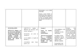 administrativo es de $1200
mensuales.
Además, existen $12000 en
activos fijos que se deprecian
a una tasa del 10 % anual. En
el mes 1 se requieren gastos
de publicidad adicionales por
$2000.
INVESTIGACIÓN
OICYT.5.3.1 Indagar a la
luz de la ciencia, ideología e
inconsciente problemas de
acceder objetivamente a la
realidad evitando la
distorsión ideológica y la
ilusión que genera el
inconsciente.
I.OICYT.5.3.1. Analiza y
diferencia las relaciones entre
ciencia, ideología e
inconsciente, así como su
vinculación
con la realidad y el grado de
fidelidad y
concordancia entre hacer,
pensar y ser.
Semana 1
Tema: La ciencia,
concepto,
características.
Del texto seleccionado
los estudiantes
realizarán 1 concepto
personal de ciencia y 1
ejemplo de cada
característica.
A los estudiantes se les
presentará y
compartirá un texto
seleccionado.
Se realizará lectura
participativa con sus
respectivos análisis y
criterios de los
diferentes párrafos.
Se procederá a dar
lectura del tema de
Siempre estar
pendientes del
desarrollo académico
de sus representados
y recomendaranalizar
con sus hijos la
temática propuesta
en el proyecto Steam
“ donaciónde órganos
“.
 