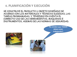 SE CONSTRUYE EL PRODUCTO U OBJETO DISEÑADO DE
ACUERDO CON LOS MATERIALES Y TÉCNICAS ELEGIDAS, LAS
TAREAS PROGRAMADAS, Y TENIENDO EN CUENTA EL
CORRECTO USO DE LAS HERRAMIENTAS, MAQUINAS E
INSTRUMENTOS, ADEMÁS DE LAS NORMAS DE SEGURIDAD.
4. PLANIFICACIÓN Y EJECUCIÓN
No olviden que TODOS
deben estar
trabajando!!
 