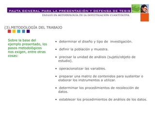 •  determinar el diseño y tipo de  investigación. •  definir la población y muestra. •  precisar la unidad de análisis (sujeto/objeto de estudio). •  operacionalizar las variables. •  preparar una matriz de contenidos para sustentar o  elaborar los instrumentos a utilizar. •  determimar los procedimientos de recolección de  datos. •  establecer los procedimientos de análisis de los datos. (3).METODOLOGÍA DEL TRABAJO Sobre la base del ejemplo presentado, los pasos metodológicos nos exigen, entre otras cosas: 